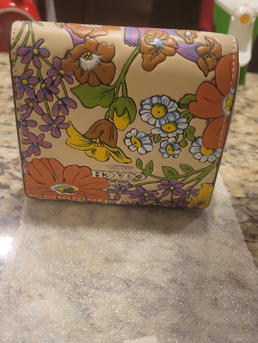 Coach Floral Small Snap Wallet - Beige with Orange, Purple & Yellow Flowers